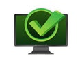 Computer with checkmark or tick notification in bubble. Approved choice. Accept or approve checkmark. Vector