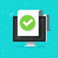 Computer with checkmark or tick notification on document vector icon, flat design pc with approved doc paper sheet, idea