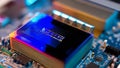 Computer chip with a blue screen that says 