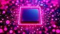 A computer chip with a blue square on it. The chip is surrounded by a pink background. The image has a futuristic and colorful Royalty Free Stock Photo