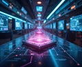 Computer chip emits pink light in futuristic lab. Screens display data. Advanced tech powers digital innovation. Future computing Royalty Free Stock Photo