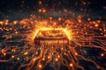 Computer Chip Explodes with Energy on Circuit Board, sparks fly dramatically, advanced technology theme Royalty Free Stock Photo