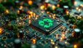 A computer chip with a green recycle symbol on it Royalty Free Stock Photo
