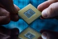 Computer chip in hands. A chipset is a set of electronic component that is integrated and flows data between the processor. Royalty Free Stock Photo