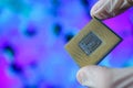 Computer chip in hands. A chipset is a set of electronic component that is integrated and flows data between the processor. Royalty Free Stock Photo