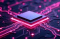 Computer chip illuminated by neon circuitry with glowing data pathways and energy flow Royalty Free Stock Photo