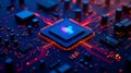 A computer chip is lit up with orange lights