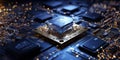 Computer chip and motherboard of a supercomputer, blue tones