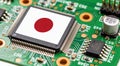 Computer chip on PCB board with Japan flag. CPU Central processing Unit or GPU microchip on a motherboard Royalty Free Stock Photo