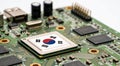 Computer chip on PCB board with Japan flag. CPU Central processing Unit or GPU microchip on a motherboard Royalty Free Stock Photo