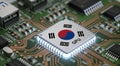 Computer chip on PCB board with Japan flag. CPU Central processing Unit or GPU microchip on a motherboard Royalty Free Stock Photo