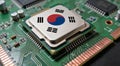 Computer chip on PCB board with Japan flag. CPU Central processing Unit or GPU microchip on a motherboard Royalty Free Stock Photo