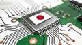Computer chip on PCB board with Japan flag. CPU Central processing Unit or GPU microchip on a motherboard Royalty Free Stock Photo