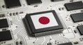 Computer chip on PCB board with Japan flag. CPU Central processing Unit or GPU microchip on a motherboard Royalty Free Stock Photo