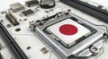 Computer chip on PCB board with Japan flag. CPU Central processing Unit or GPU microchip on a motherboard Royalty Free Stock Photo