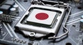 Computer chip on PCB board with Japan flag. CPU Central processing Unit or GPU microchip on a motherboard Royalty Free Stock Photo