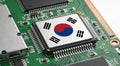Computer chip on PCB board with Japan flag. CPU Central processing Unit or GPU microchip on a motherboard Royalty Free Stock Photo