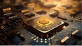 Computer chip placed atop a circuit board, surrounded by a golden halo of sunlight, AI-generated. Royalty Free Stock Photo