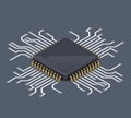 Computer chip or processor on circuit board with conductive tracks and soft realistic shadow. Isometric vector Royalty Free Stock Photo