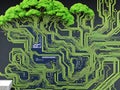 computer circuit board with abstract tree over dark background. Generative AI Royalty Free Stock Photo