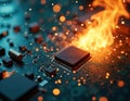 Computer circuit board burns with bright orange flames and sparks. Microchip components glow with heat. Abstract digital hardware Royalty Free Stock Photo