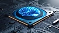 a computer circuit board with a glowing brain image on a processor.