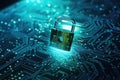 Computer circuit with a padlock, ideal for cybersecurity concepts