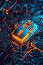 Computer circuit with a padlock, suitable for cybersecurity concepts