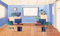 Computer classroom. Cartoon interior with board, clock on the wall, monitor, personal computers on desks, teacher table