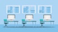 Computer Classroom With No Pupils Indoor, Blue Background, Vector Illustration Royalty Free Stock Photo