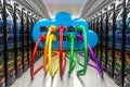 Computer cloud with lan internet cables inside data center, server room, 3D rendering Royalty Free Stock Photo