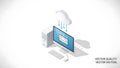 A computer with a cloud raining data onto its screen in a vector illustration Royalty Free Stock Photo