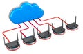 Computer cloud with routers. Networking connection, concept. 3D rendering Royalty Free Stock Photo
