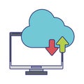 Computer with cloud tranfer symbol blue lines Royalty Free Stock Photo
