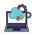 Computer with cloud tranfer symbol and gears blue lines Royalty Free Stock Photo