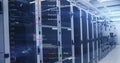 Computer code image over server racks in data center Royalty Free Stock Photo