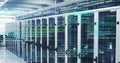 Computer code image over server racks in data center Royalty Free Stock Photo
