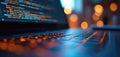Computer code on laptop screen in office. Programmer work time. Software developer, programming, coding. Digital data, tech. Royalty Free Stock Photo