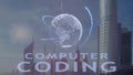 Computer coding text with 3d hologram of the planet Earth against the backdrop of the modern metropolis Royalty Free Stock Photo