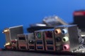 Computer component backpanel USB Audio,Ethernet Connector USB 3,0, HDMI on Motherboard on blue Royalty Free Stock Photo