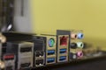 Computer component backpanel USB Audio,Ethernet Connector USB 3,0, HDMI on Motherboard Royalty Free Stock Photo