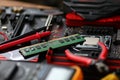Computer components lying at worktable ready to be repaired Royalty Free Stock Photo