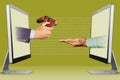 Web concept, two hands from computers. wireless controller and pleading gesture. 3d illustration