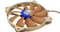 Computer cooling fan with brown blades and blue hub isolated on white background Royalty Free Stock Photo
