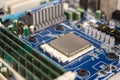 Computer CPU close-up on the motherboard background, socket of central process unit, connection of cpu Royalty Free Stock Photo