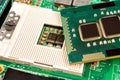 Computer CPU close-up on the motherboard background, socket of central process unit, connection of  cpu with motherboard Royalty Free Stock Photo