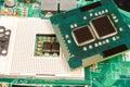 Computer CPU close-up on the motherboard background, socket of central process unit, connection of  cpu with motherboard,  the str Royalty Free Stock Photo