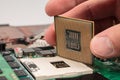 computer CPU close-up on the motherboard background, socket of central process unit, connection of cpu with motherboard, the str Royalty Free Stock Photo