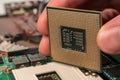 computer CPU close-up on the motherboard background, socket of central process unit, connection of cpu with motherboard, the str Royalty Free Stock Photo