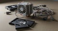 Computer CPU cooler with dual black fans and copper heatsinks sits on beige surface surrounded by tangled multicolored wires and Royalty Free Stock Photo